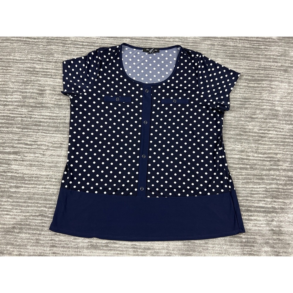 Elie McCarthy Top Womens 1X Blue Polka Dot Short Sleeve Blouse 6587XA Stretch